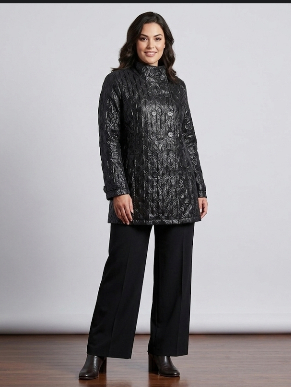 Chicos Lightweight Black Diamond Quilt Orsay Double-Breasted Jacket Trench 3